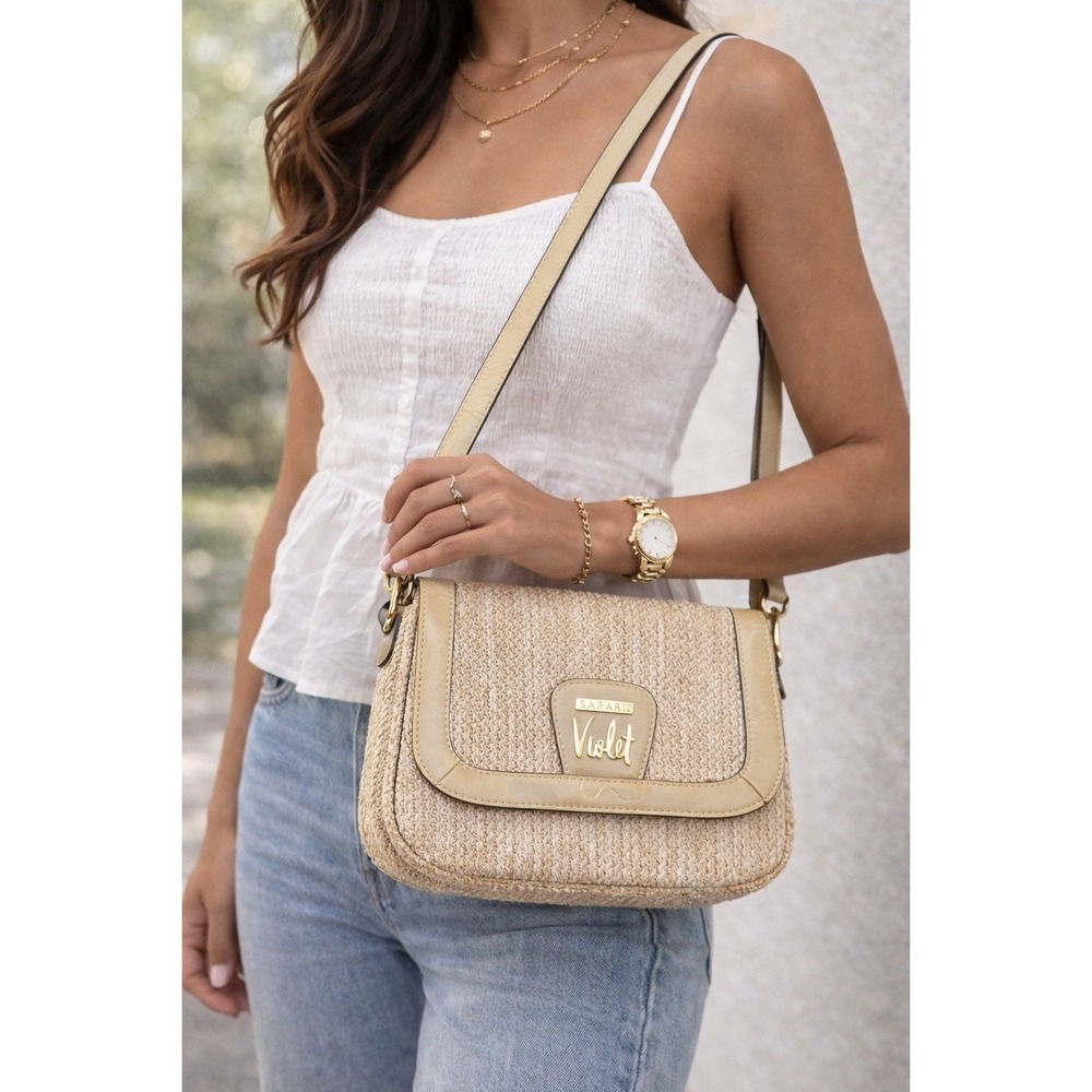 Sarah Violet Straw Woven Crossbody Bag Tan Patent Trim Small Summer Purse‎
